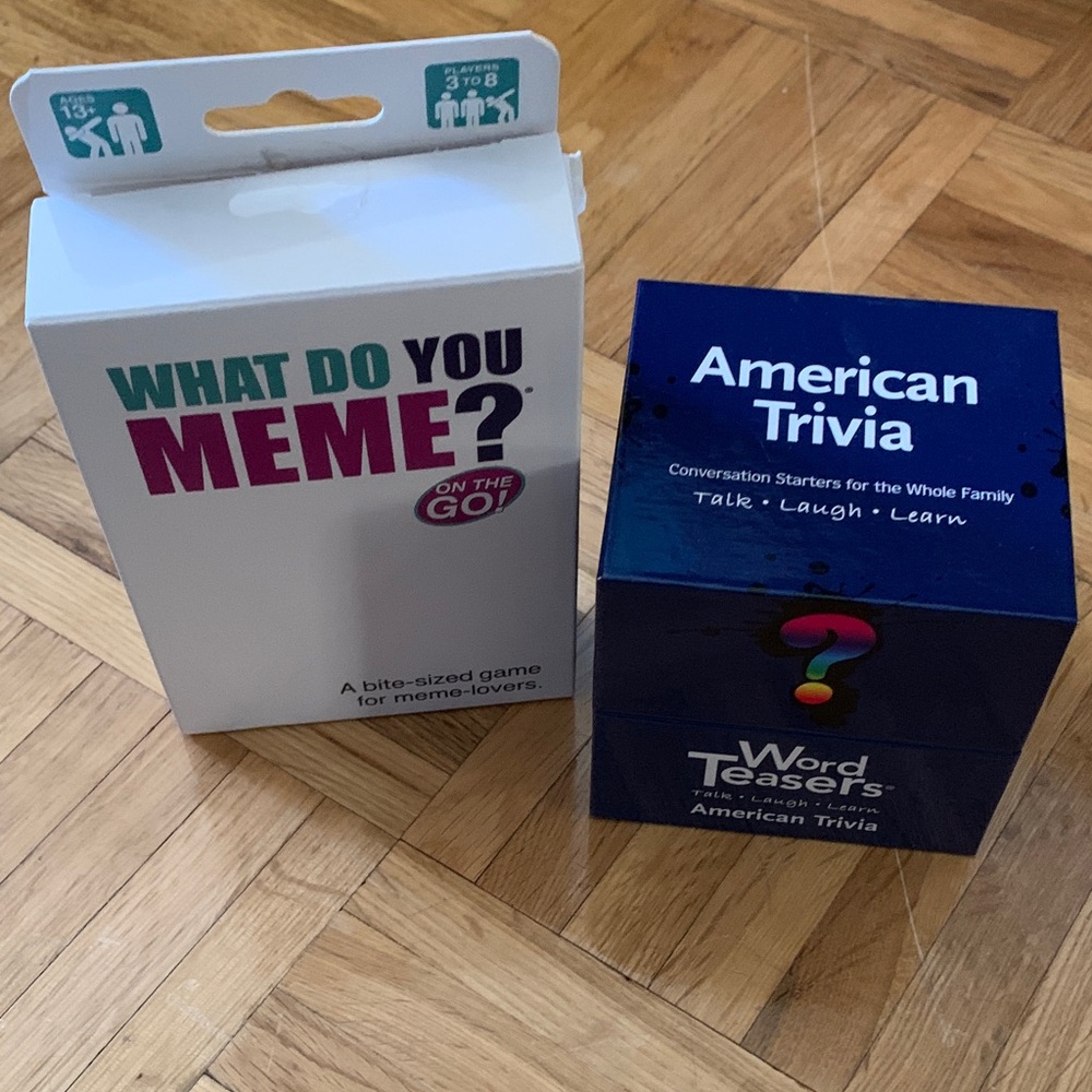 EUC (2) Family Card Games w/ Box - Trivia Game & Meme Game